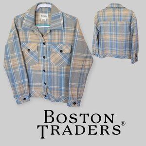 Boston Traders Beige Blue Wool Blend Plaid Button Up Shirt Shacket Womens M